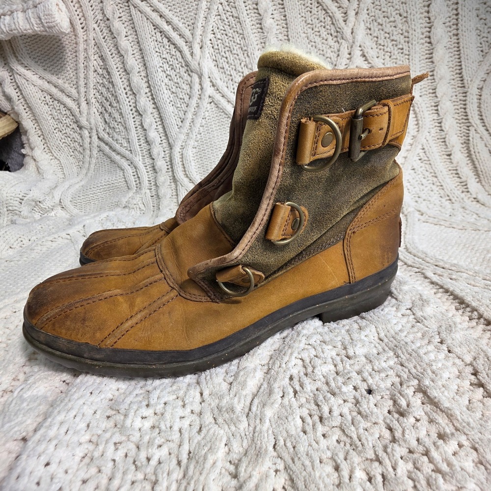 VTG UGG Greda Waterproof Leather Duck Boots Tan Brown Shearling Lined Women 7-8